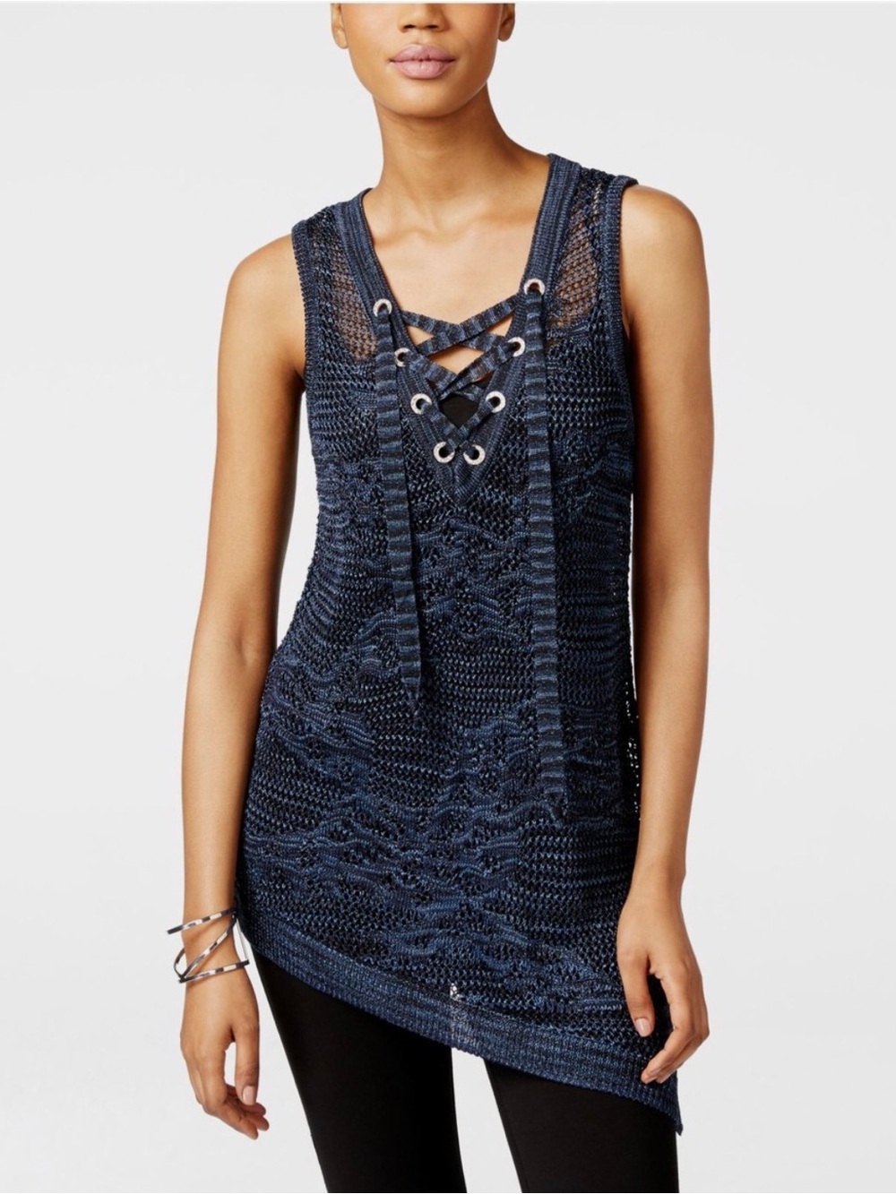 INC BLUE LACE-UP ASYMMETRICAL KNIT TOP